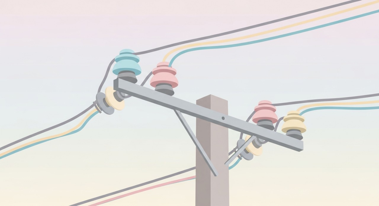 Penebat elektrik seramik yang terpasang pada palang besi tiang utiliti untuk menyokong kabel voltan tinggi.