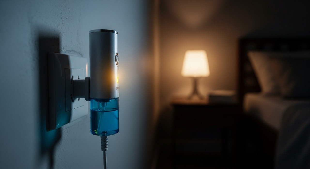 Alat racun nyamuk elektrik jenis cecair yang sedang terpasang pada soket dinding di dalam bilik.