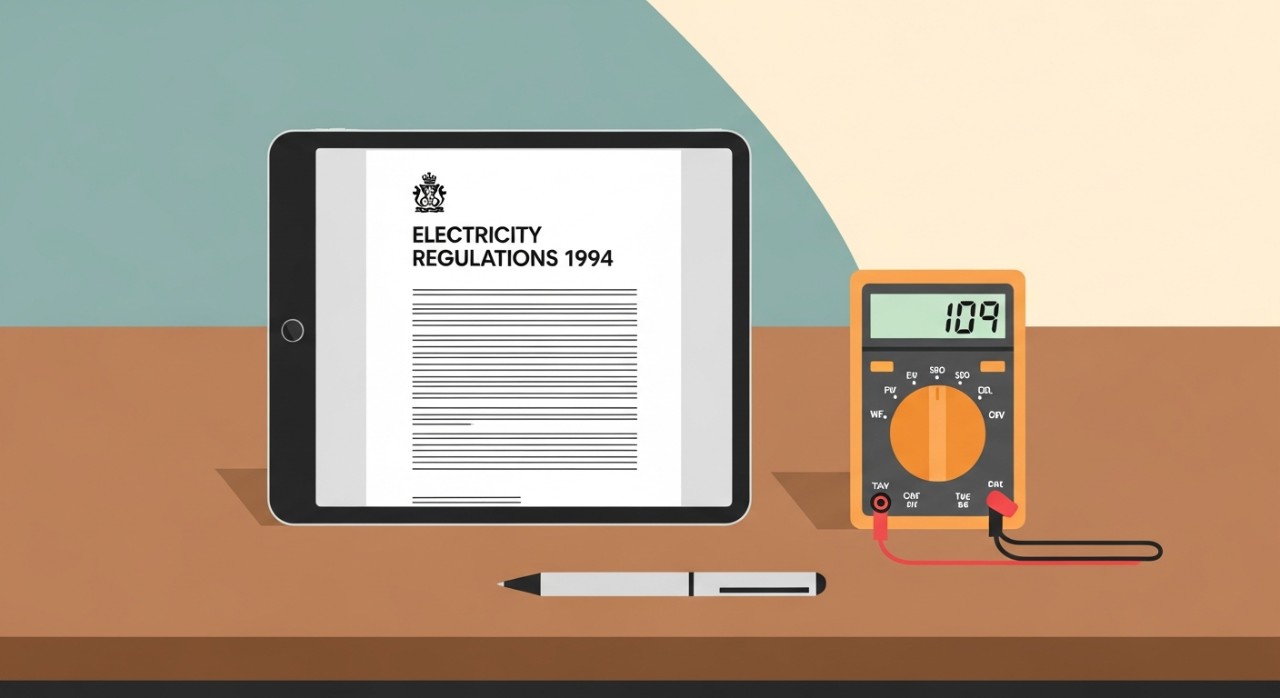 Paparan dokumen digital peraturan elektrik 1994 pada skrin tablet di atas meja kerja yang kemas.
