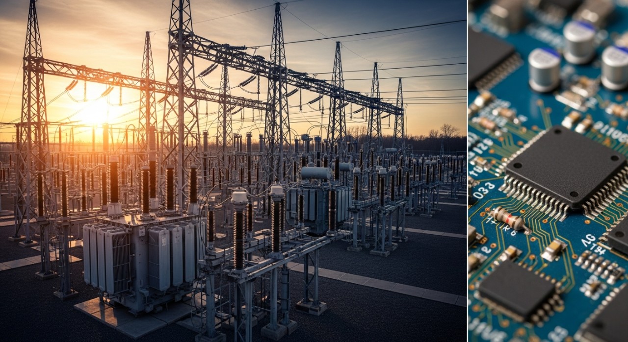 Perbandingan antara pencawang elektrik voltan tinggi dengan papan litar bersepadu yang kecil