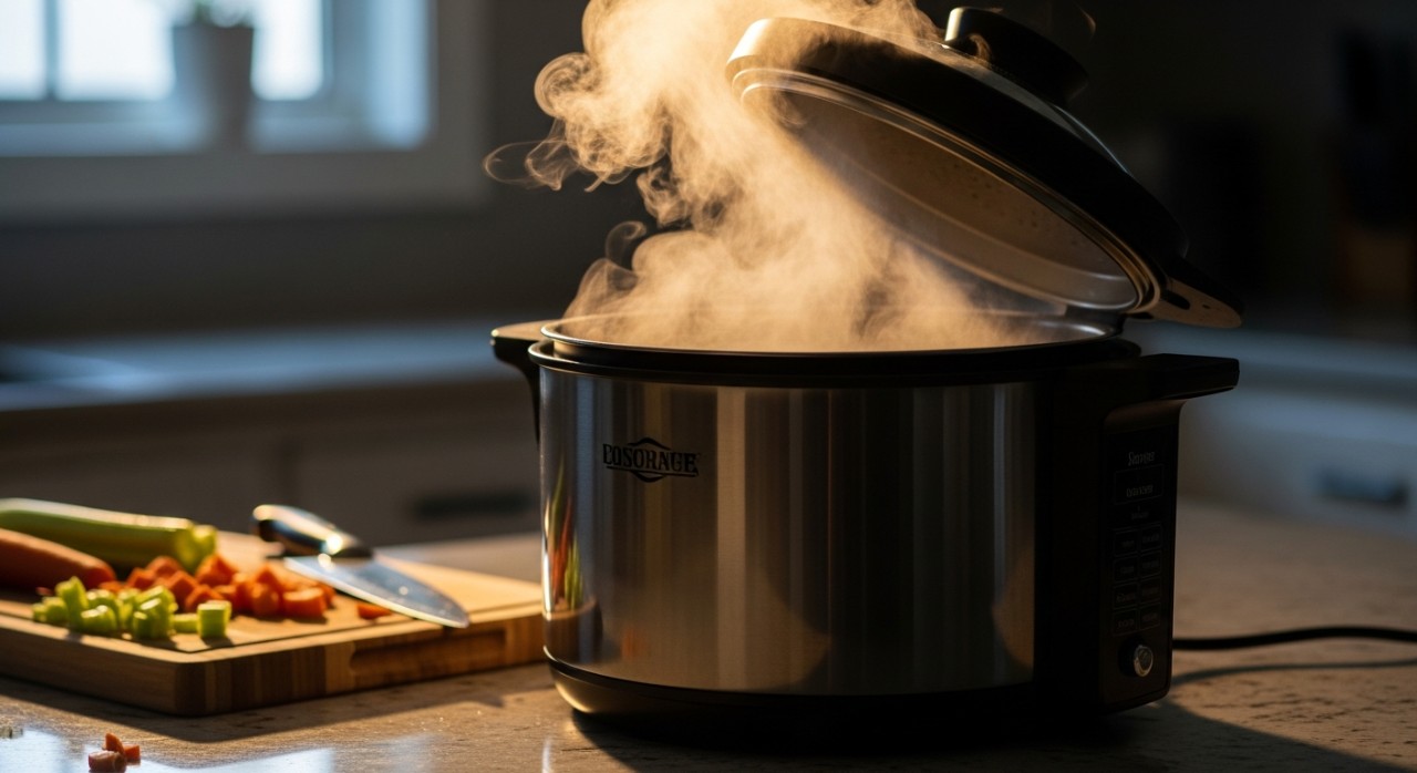 Periuk elektrik serbaguna yang sedang mengeluarkan wap panas di atas meja dapur.