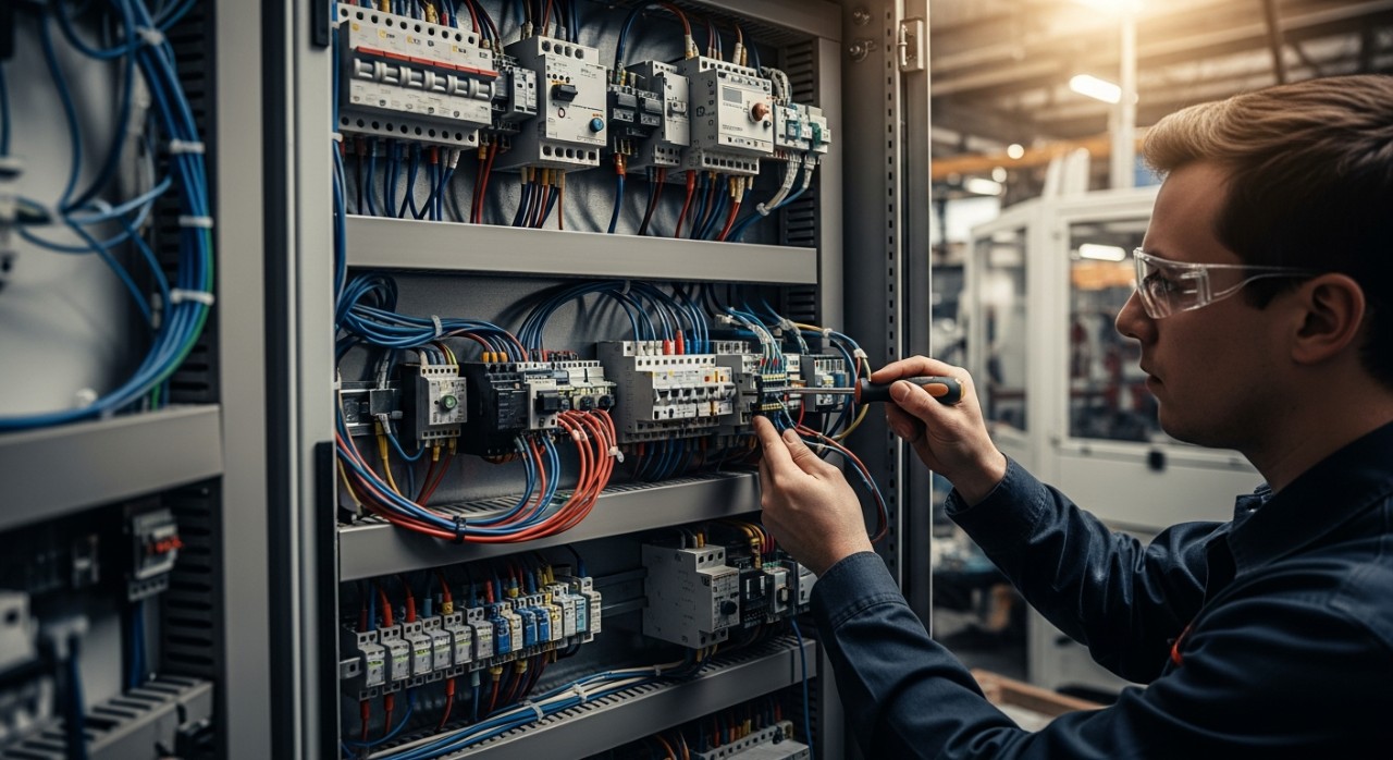 Seorang juruteknik sedang memasang komponen pada papan litar elektrik industri