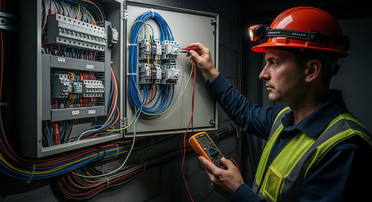 Seorang juruteknik memakai peralatan keselamatan sedang memeriksa sistem pendawaian elektrik pada dinding bangunan.