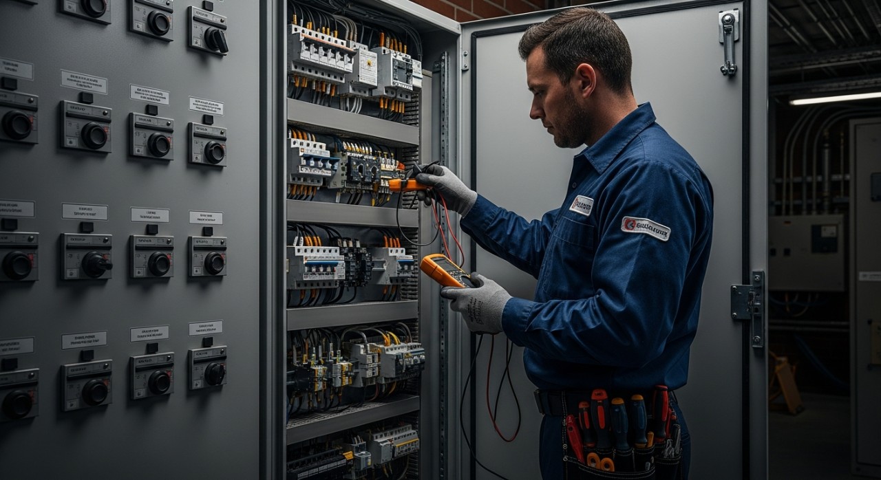 Seorang juruteknik sedang melakukan pemeriksaan pada panel elektrik bangunan dengan teliti