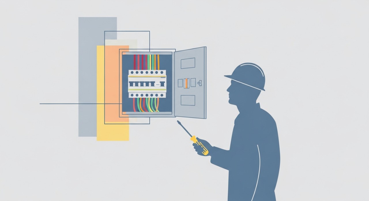 Seorang juruteknik elektrik sedang memeriksa kotak agihan elektrik di dinding rumah menggunakan pemutar skru.