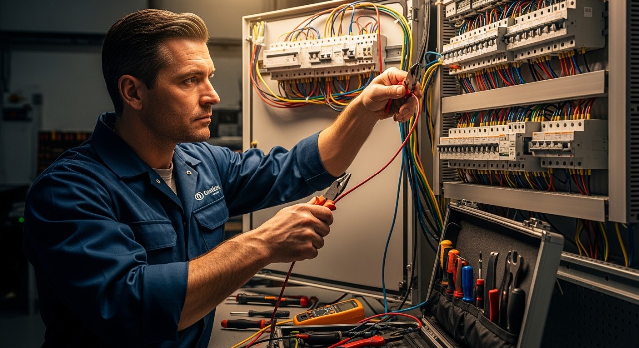Seorang juruelektrik sedang menyelenggara sistem pendawaian pada kotak agihan elektrik utama.