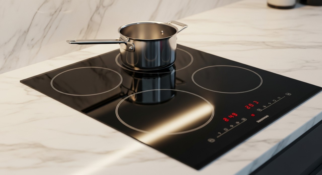 Seseorang sedang memasak menggunakan dapur elektrik permukaan kaca hitam yang elegan di ruang dapur bersih
