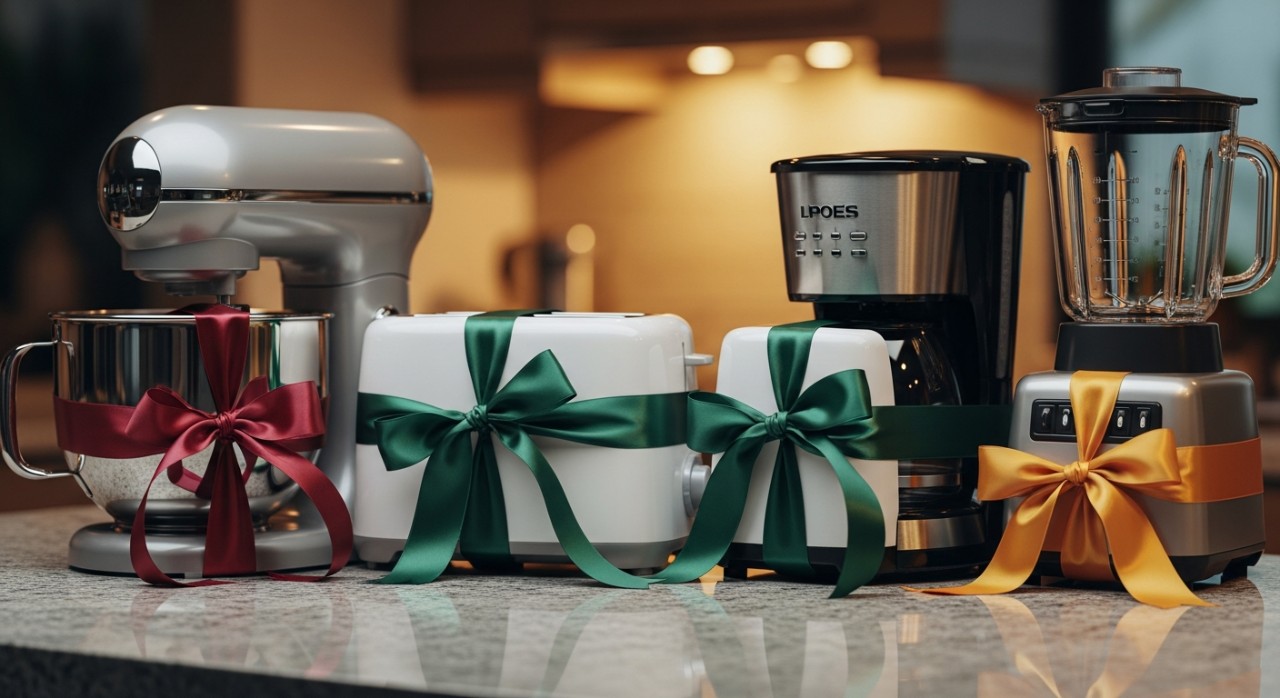 Beberapa peralatan elektrik dapur kecil yang dihias dengan reben cantik sebagai hadiah.