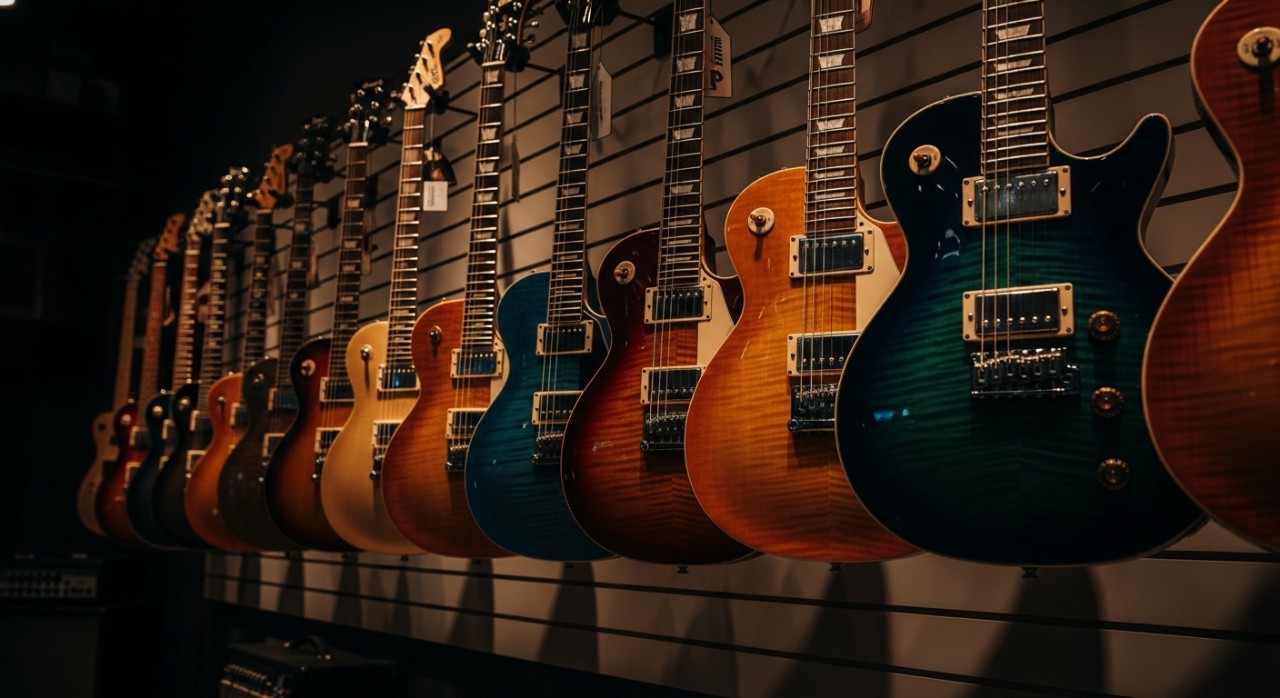 Pelbagai jenis gitar elektrik dengan bentuk dan warna yang berbeza dipamerkan di dalam kedai muzik.