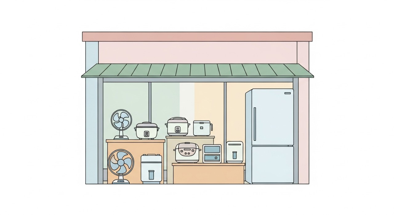 Deretan peralatan elektrik rumah yang dipamerkan di dalam sebuah kedai di Bidor.