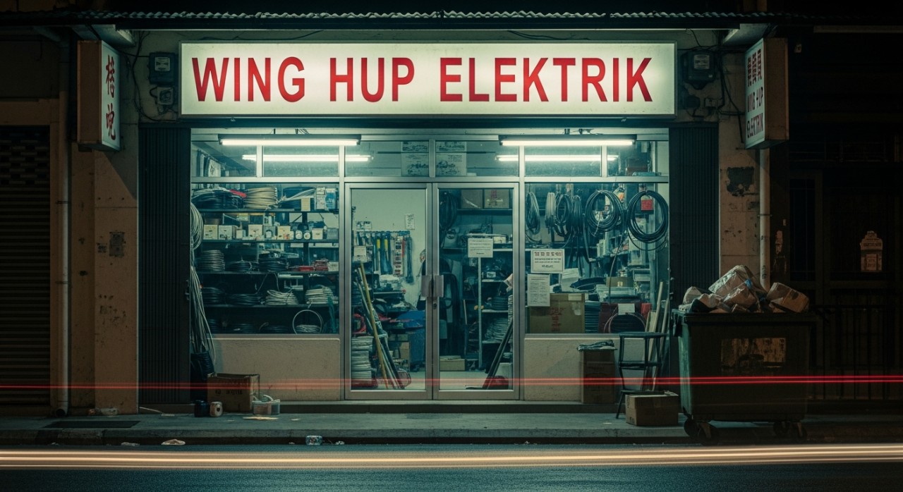 Papan tanda kedai Wing Hup Elektrik yang menjual pelbagai peralatan dan komponen elektrik.