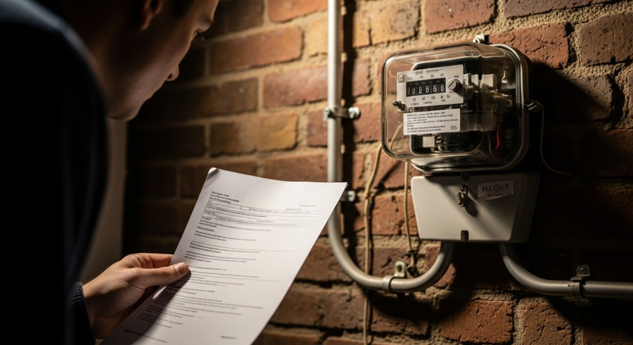 Seorang individu sedang meneliti surat denda rasmi berkaitan penyambungan elektrik haram di hadapan rumah.