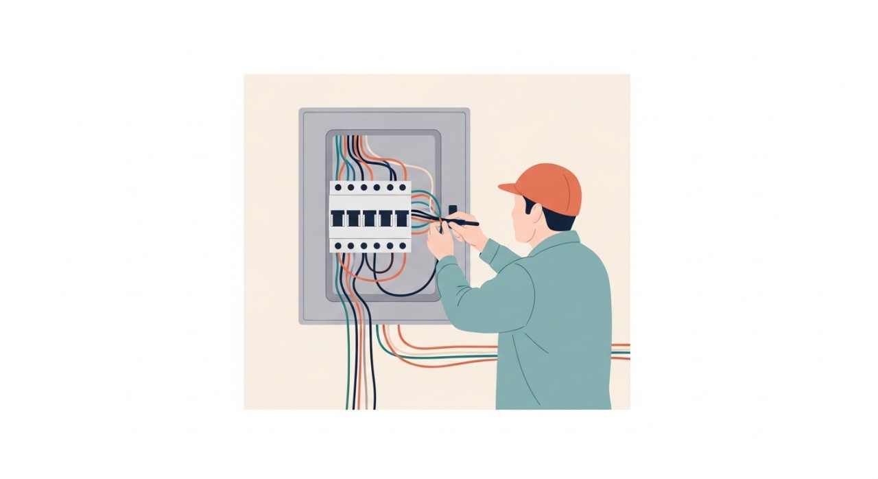 Seorang juruelektrik sedang memeriksa dan memasang kabel pada kotak agihan elektrik di dinding rumah