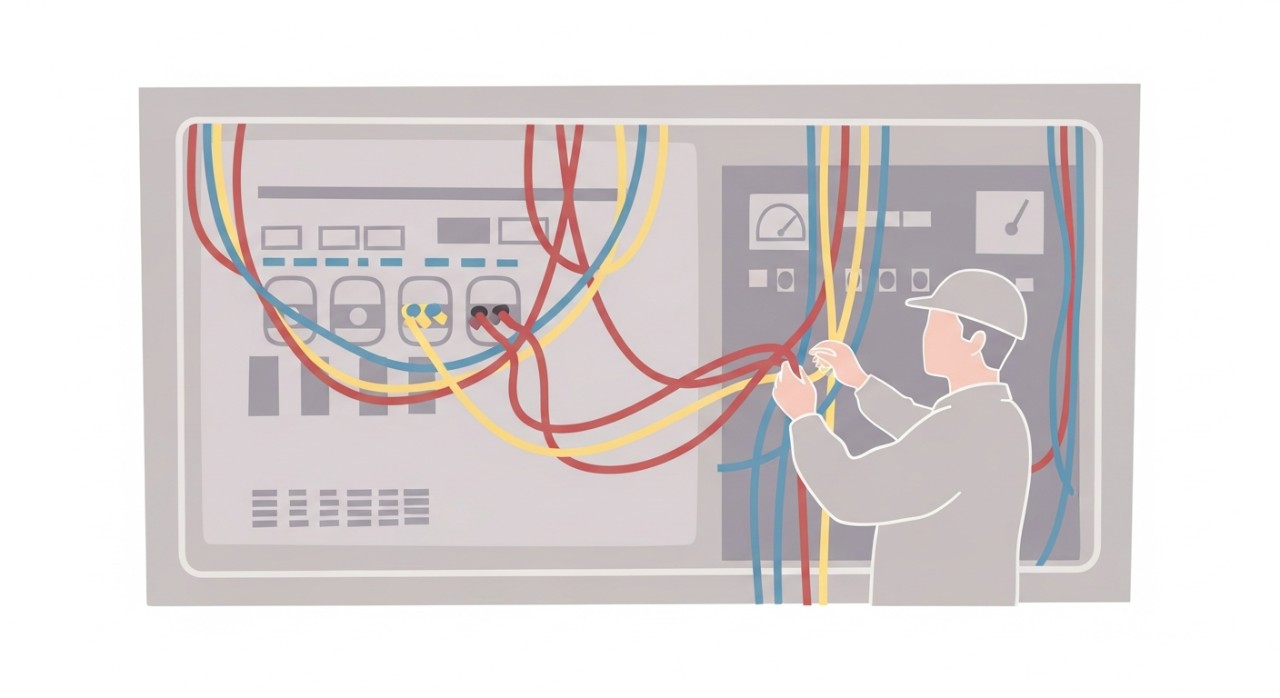 Seorang juruelektrik sedang menyusun kabel berwarna merah kuning dan biru di dalam kotak agihan elektrik.