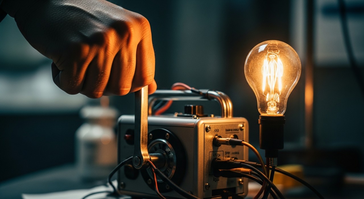 Seseorang memusingkan pemegang penjana elektrik kecil untuk menyalakan sebiji mentol lampu.