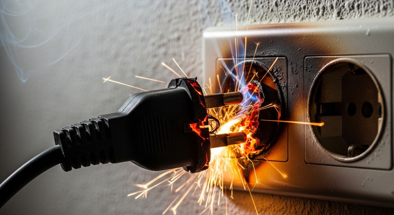Palam elektrik yang rosak dan litar pintas mengeluarkan percikan api di dinding.