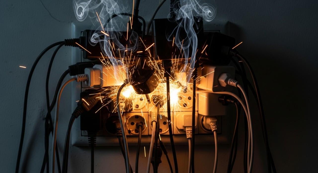 Soket dinding yang dipenuhi banyak palam elektrik sehingga mengeluarkan percikan api dan asap.