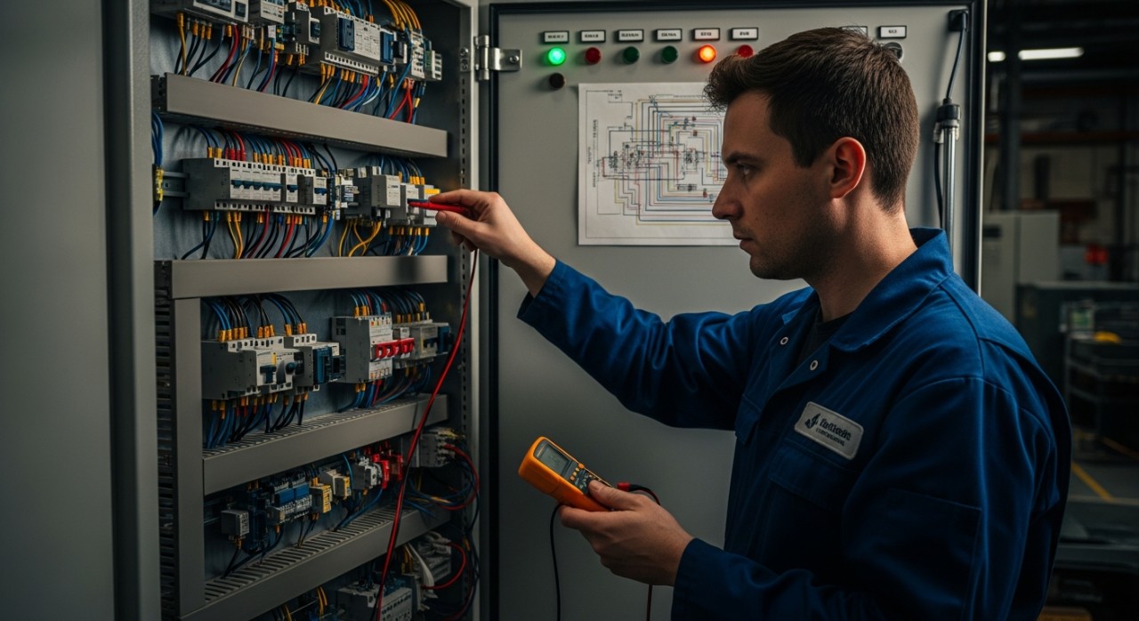 Seorang juruteknik sedang memeriksa komponen elektrik pada panel kawalan utama.