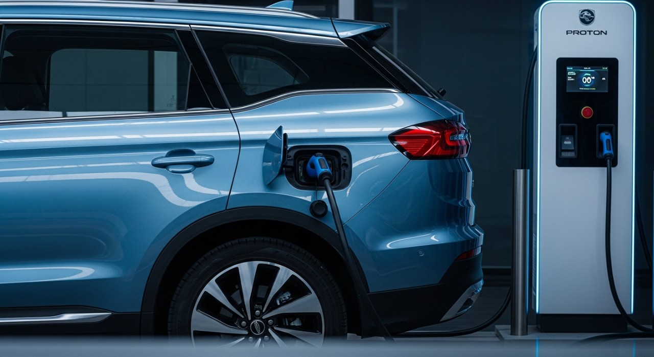 Sebuah kereta elektrik Proton berwarna biru metalik sedang dicas di stesen pengecasan pantas.