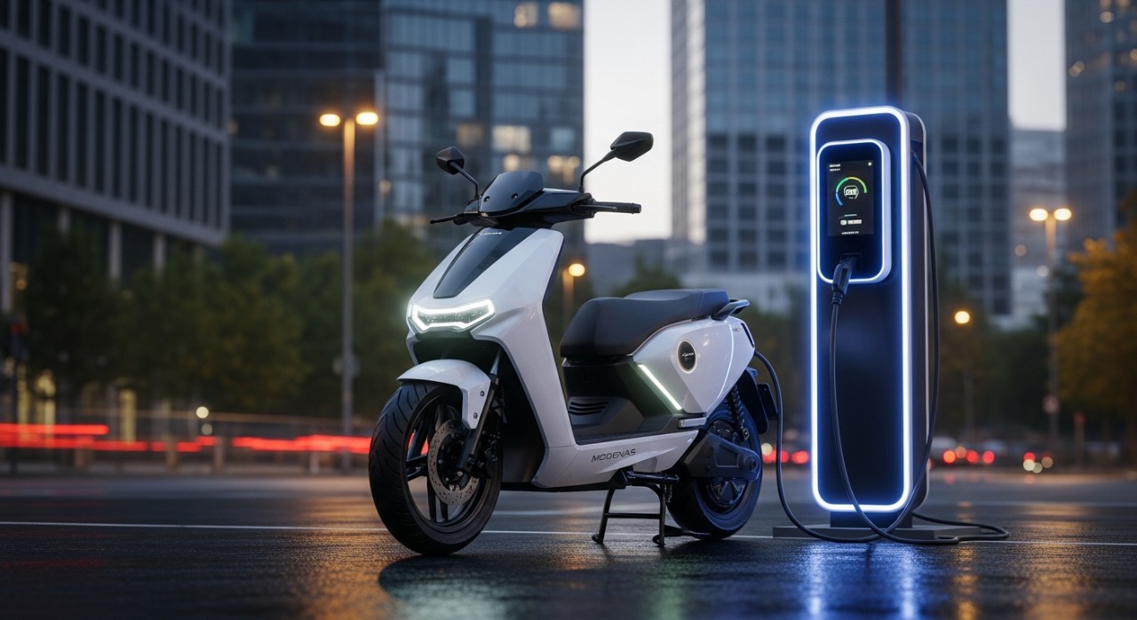 Motosikal elektrik Modenas berwarna putih diletakkan bersebelahan stesen pengecasan elektrik di kawasan bandar.