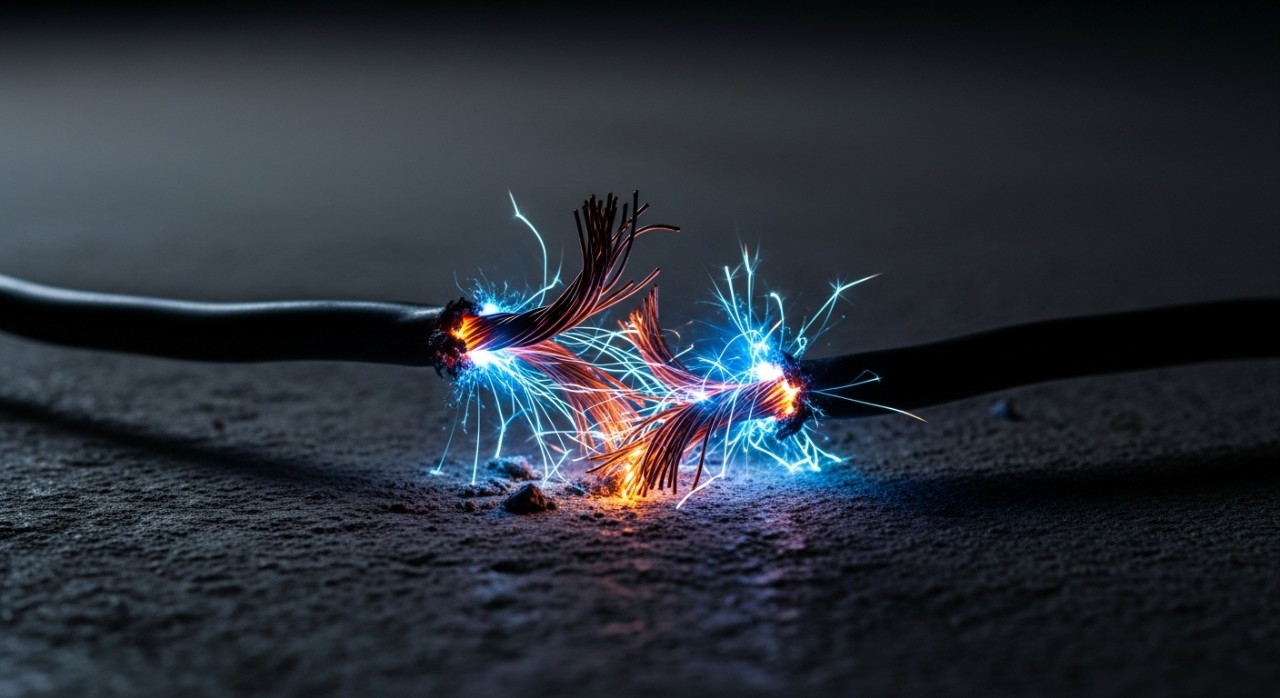 Wayar elektrik yang terkoyak mengeluarkan percikan api di atas lantai.