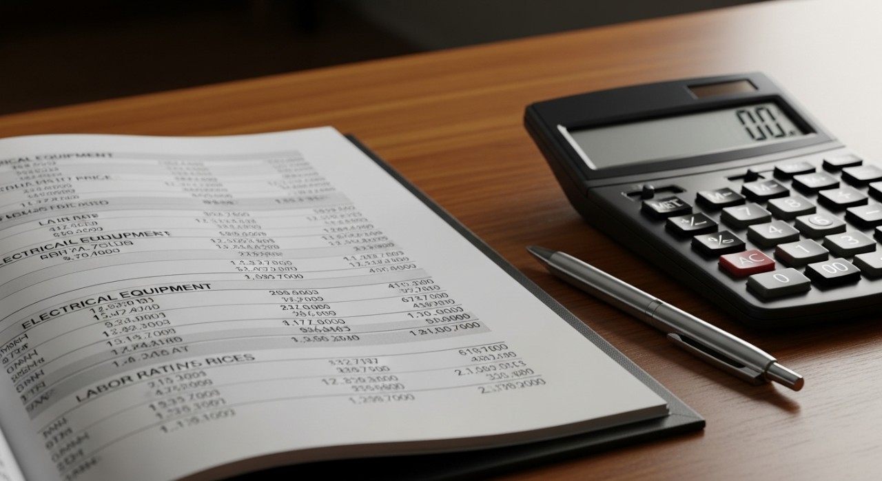 Dokumen rasmi jadual kadar harga kerja elektrik JKR 2024 di atas meja bersama kalkulator.
