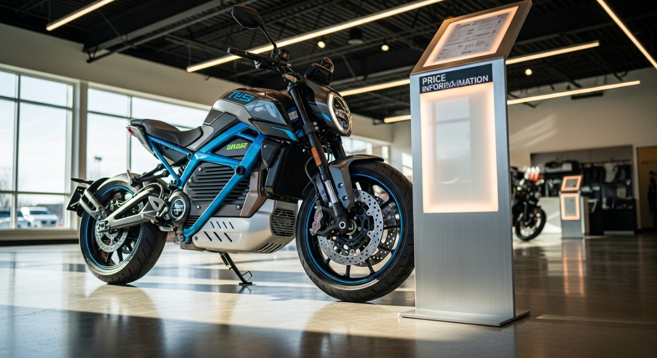 Sebuah motosikal elektrik moden yang diletakkan bersebelahan dengan paparan maklumat harga di dalam bilik pameran.