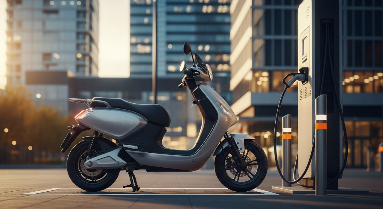 Sebuah motosikal elektrik moden sedang dicas di stesen pengecasan awam.