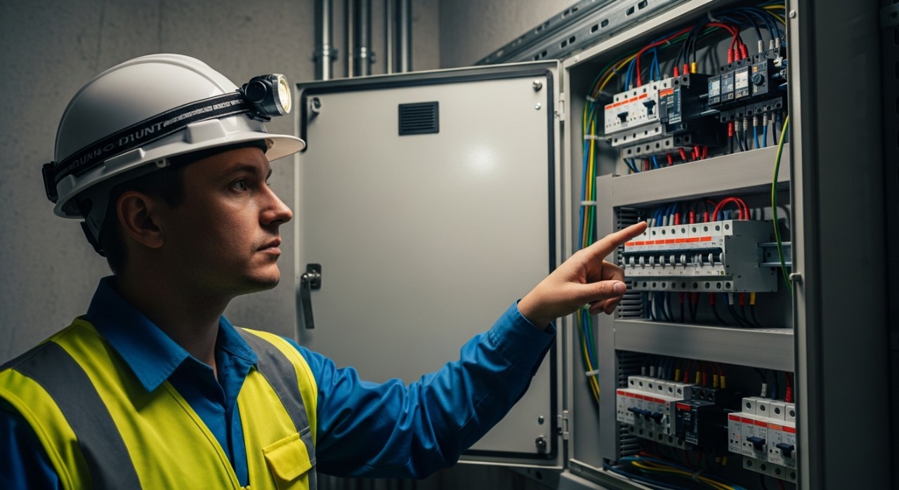 Seorang juruelektrik bertauliah sedang menyelenggara sistem pendawaian elektrik dengan teliti