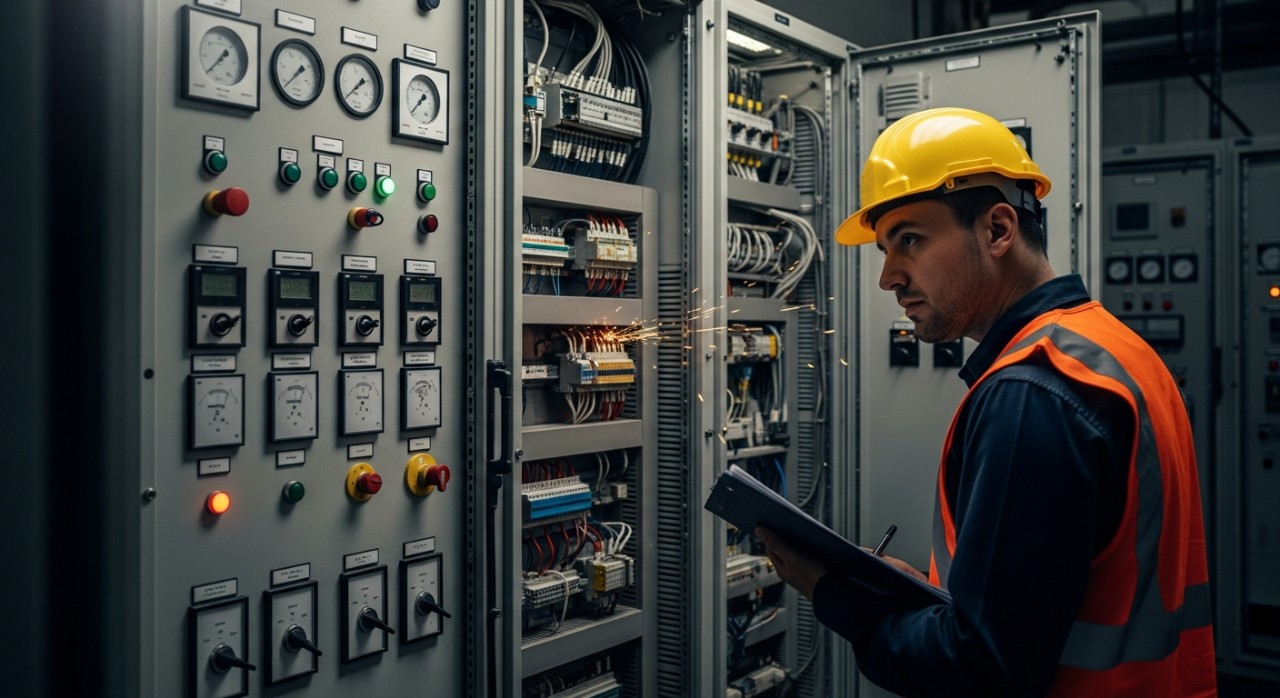 Seorang juruteknik sedang melakukan pemeriksaan pada panel pencawang elektrik utama.