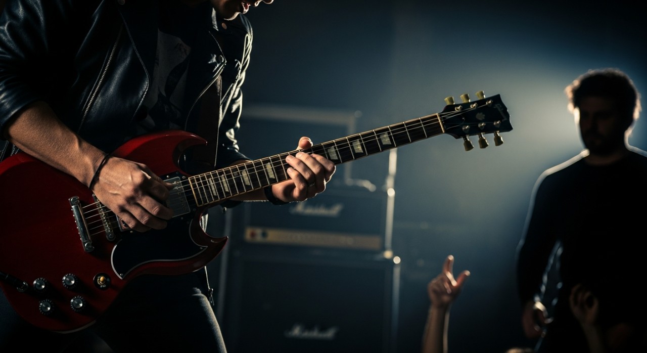 Seorang lelaki sedang memegang dan memetik tali gitar elektrik berwarna merah dengan penuh penghayatan.