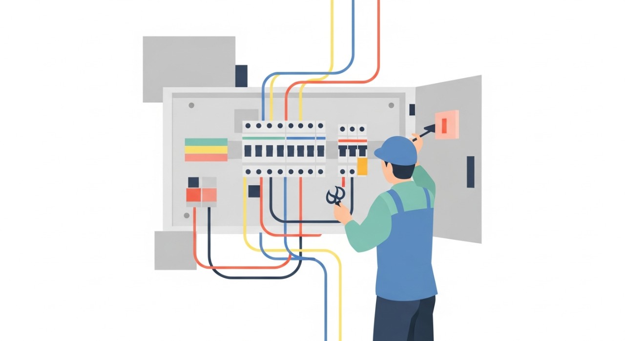 Seorang pelatih sedang melakukan kerja pendawaian pada papan agihan elektrik di dalam bengkel kemahiran.
