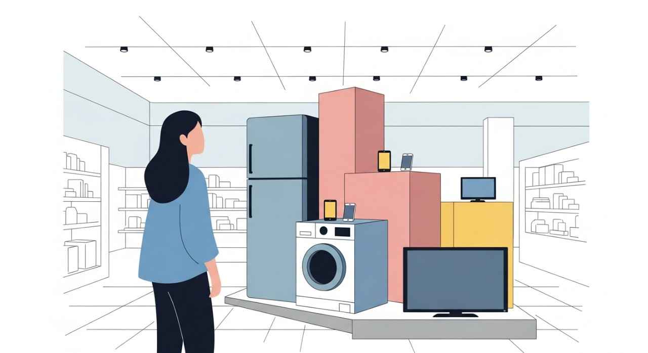 Pelanggan sedang melihat pelbagai peralatan rumah dan gajet di dalam kedai elektrik.