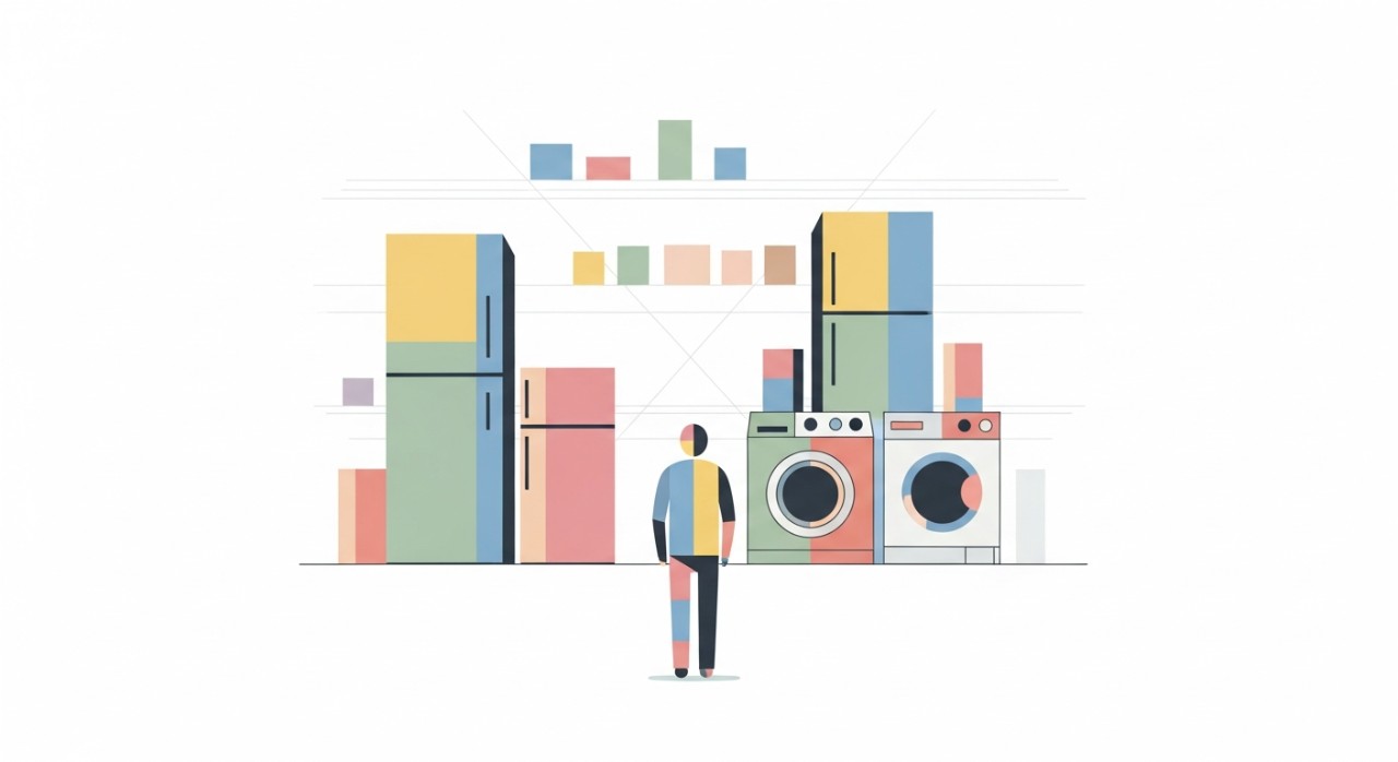 Seorang pelanggan sedang melihat pelbagai peralatan elektrik rumah di dalam kedai.