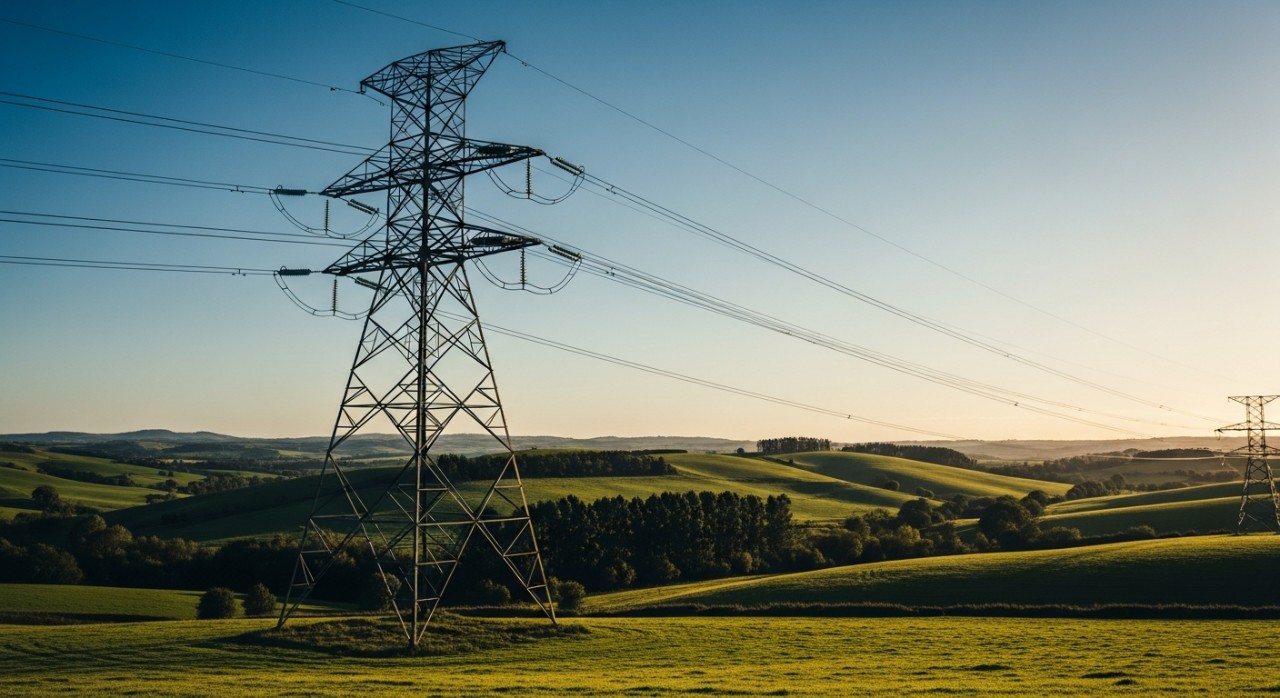 Menara voltan tinggi yang membekalkan tenaga elektrik di kawasan lapang.