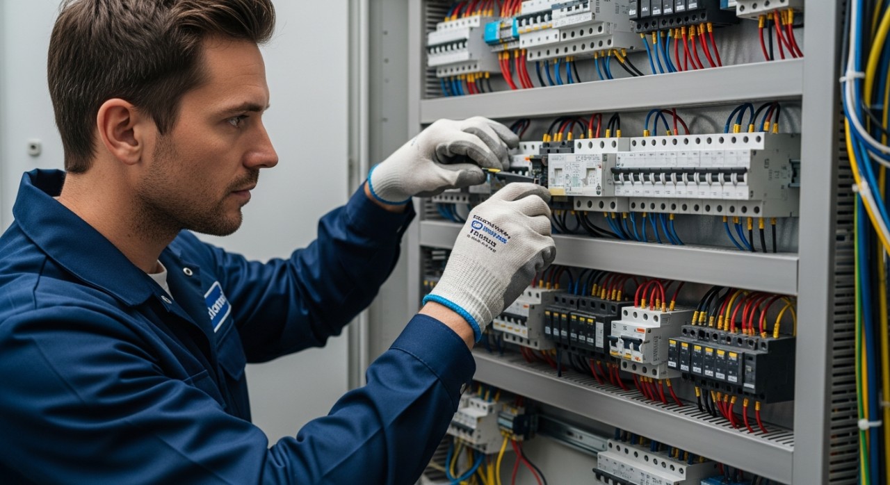 Seorang juruteknik sedang memeriksa papan agihan elektrik dengan teliti di dalam sebuah bangunan.