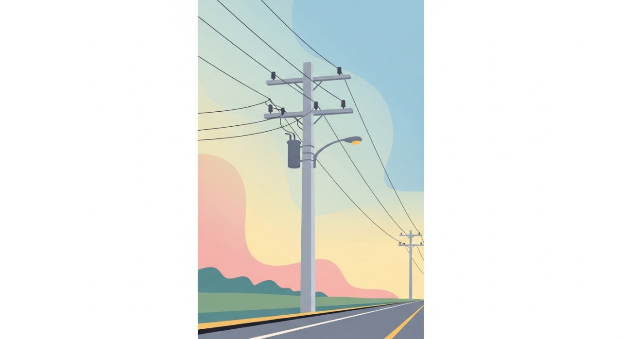 Tiang elektrik konkrit dengan kabel pendawaian yang tersusun di tepi jalan kawasan perumahan.