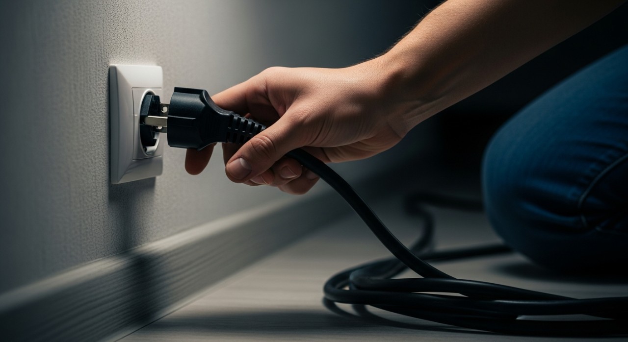 Seseorang sedang mencabut palam kabel elektrik daripada soket dinding