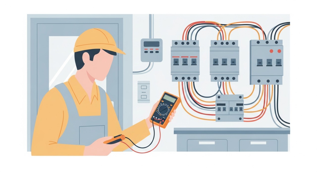 Seorang jurutera elektrik sedang melakukan pemeriksaan pada sistem pendawaian bangunan menggunakan alat pengukur digital.