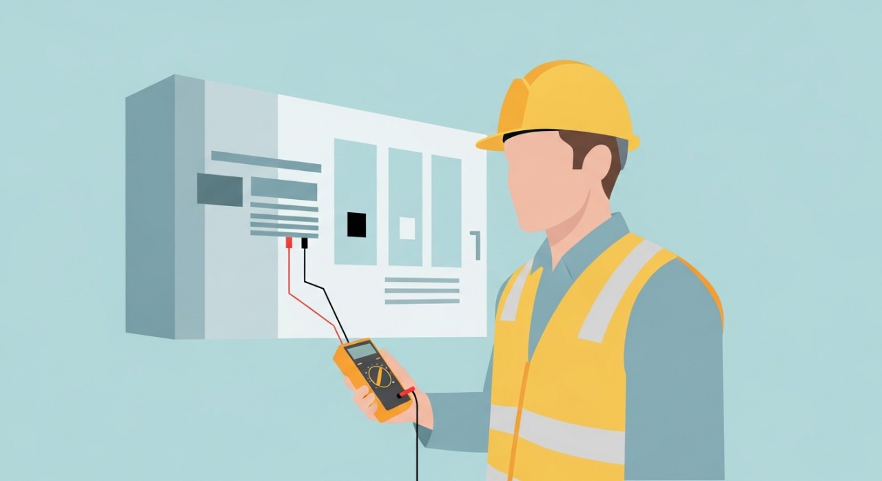 Seorang juruteknik elektrik memakai pakaian keselamatan sedang melakukan pemeriksaan pada papan agihan elektrik di dalam bangunan.
